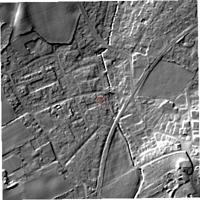 Shaded relief map of the ground around L393BA, computed from Environment Agency LiDAR. The ground here sits at about 39 m above sea level and falls 22 m across the surrounding 800 m. Surface water reaching this point runs off ground lying to the south-east, 17.9 m higher.