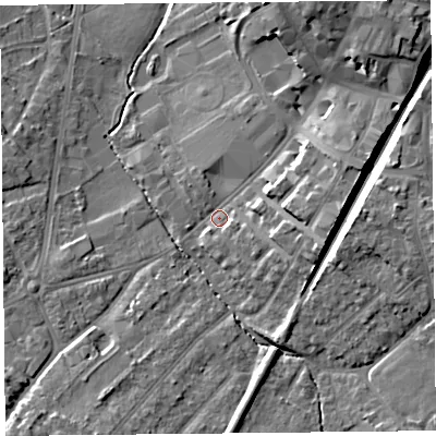 Shaded relief map of the ground around L393BN, computed from Environment Agency LiDAR. The ground here sits at about 45 m above sea level and falls 14 m across the surrounding 800 m. Surface water reaching this point runs off ground lying to the north-north-east, 10.2 m higher.