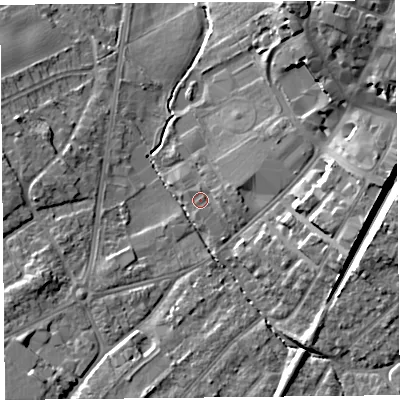 Shaded relief map of the ground around L393BP, computed from Environment Agency LiDAR. The ground here sits at about 44 m above sea level and falls 16 m across the surrounding 800 m. Surface water reaching this point runs off ground lying to the east, 1.0 m higher.