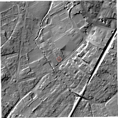 Shaded relief map of the ground around L393BS, computed from Environment Agency LiDAR. The ground here sits at about 44 m above sea level and falls 14 m across the surrounding 800 m. Surface water reaching this point runs off ground lying to the north-north-west, 1.4 m higher.