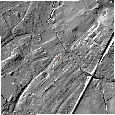 Shaded relief map of the ground around L393LG, computed from Environment Agency LiDAR. The ground here sits at about 45 m above sea level and falls 19 m across the surrounding 800 m. Surface water reaching this point runs off ground lying to the south-west, 16.0 m higher.