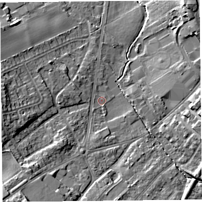 Shaded relief map of the ground around L393LU, computed from Environment Agency LiDAR. The ground here sits at about 43 m above sea level and falls 18 m across the surrounding 800 m. Surface water reaching this point runs off ground lying to the south-west, 14.4 m higher.