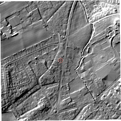 Shaded relief map of the ground around L393LY, computed from Environment Agency LiDAR. The ground here sits at about 44 m above sea level and falls 18 m across the surrounding 800 m. Surface water reaching this point runs off ground lying to the south-west, 10.3 m higher.