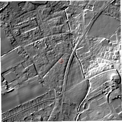 Shaded relief map of the ground around L393NB, computed from Environment Agency LiDAR. The ground here sits at about 40 m above sea level and falls 20 m across the surrounding 800 m. Surface water reaching this point runs off ground lying to the south-west, 9.8 m higher.