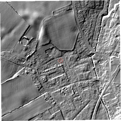 Shaded relief map of the ground around L393PL, computed from Environment Agency LiDAR. The ground here sits at about 39 m above sea level and falls 17 m across the surrounding 800 m. Surface water reaching this point runs off ground lying to the west-north-west, 7.0 m higher.