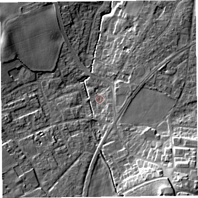 Shaded relief map of the ground around L393QH, computed from Environment Agency LiDAR. The ground here sits at about 38 m above sea level and falls 23 m across the surrounding 800 m. Surface water reaching this point runs off ground lying to the south-east, 2.0 m higher.