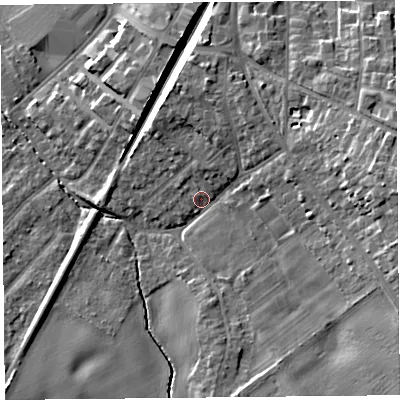 Shaded relief map of the ground around L394RE, computed from Environment Agency LiDAR. The ground here sits at about 48 m above sea level and falls 16 m across the surrounding 800 m. Surface water reaching this point runs off ground lying to the north-north-east, 6.1 m higher.