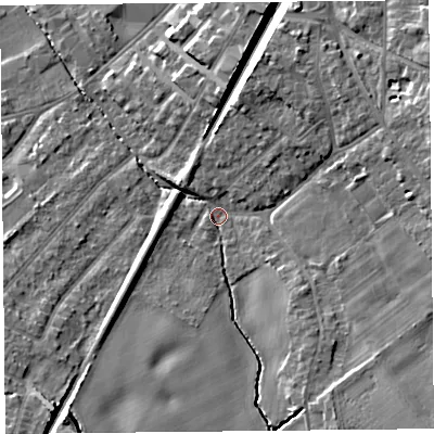 Shaded relief map of the ground around L394RF, computed from Environment Agency LiDAR. The ground here sits at about 46 m above sea level and falls 15 m across the surrounding 800 m. Surface water reaching this point runs off ground lying to the east, 8.3 m higher.