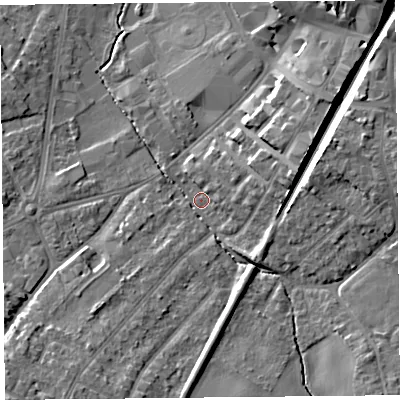 Shaded relief map of the ground around L394RN, computed from Environment Agency LiDAR. The ground here sits at about 44 m above sea level and falls 15 m across the surrounding 800 m. Surface water reaching this point runs off ground lying to the south-south-west, 9.9 m higher.