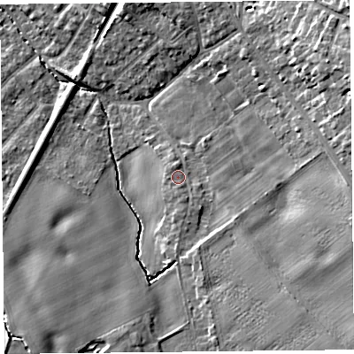 Shaded relief map of the ground around L394RQ, computed from Environment Agency LiDAR. The ground here sits at about 49 m above sea level and falls 16 m across the surrounding 800 m. Surface water reaching this point runs off ground lying to the south, 1.7 m higher.