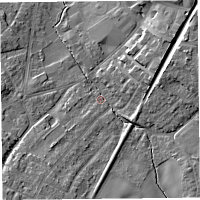 Shaded relief map of the ground around L394RW, computed from Environment Agency LiDAR. The ground here sits at about 45 m above sea level and falls 16 m across the surrounding 800 m. Surface water reaching this point runs off ground lying to the south-south-west, 10.4 m higher.