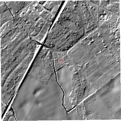Shaded relief map of the ground around L394XR, computed from Environment Agency LiDAR. The ground here sits at about 46 m above sea level and falls 14 m across the surrounding 800 m. Surface water reaching this point runs off ground lying to the south-east, 1.4 m higher.