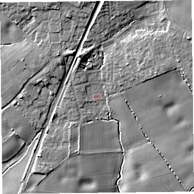 Shaded relief map of the ground around L396RA, computed from Environment Agency LiDAR. The ground here sits at about 41 m above sea level and falls 16 m across the surrounding 800 m. Surface water reaching this point runs off ground lying to the north-east, 9.5 m higher.