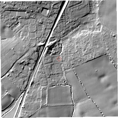 Shaded relief map of the ground around L396RB, computed from Environment Agency LiDAR. The ground here sits at about 42 m above sea level and falls 19 m across the surrounding 800 m. Surface water reaching this point runs off ground lying to the north, 10.8 m higher.