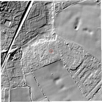 Shaded relief map of the ground around L396RD, computed from Environment Agency LiDAR. The ground here sits at about 48 m above sea level and falls 24 m across the surrounding 800 m. Surface water reaching this point runs off ground lying to the south-south-east, 1.0 m higher.