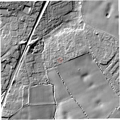Shaded relief map of the ground around L396RE, computed from Environment Agency LiDAR. The ground here sits at about 45 m above sea level and falls 18 m across the surrounding 800 m. Surface water reaching this point runs off ground lying to the east-north-east, 4.0 m higher.