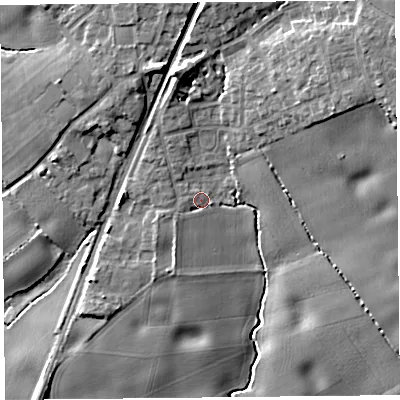 Shaded relief map of the ground around L396RL, computed from Environment Agency LiDAR. The ground here sits at about 41 m above sea level and falls 16 m across the surrounding 800 m. Surface water reaching this point runs off ground lying to the north-north-west, 2.8 m higher.