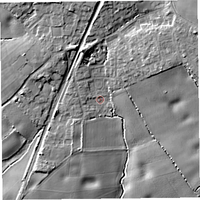 Shaded relief map of the ground around L396RP, computed from Environment Agency LiDAR. The ground here sits at about 41 m above sea level and falls 16 m across the surrounding 800 m. Surface water reaching this point runs off ground lying to the north-east, 9.6 m higher.