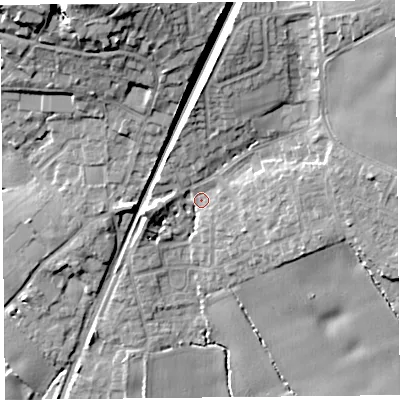 Shaded relief map of the ground around L396SE, computed from Environment Agency LiDAR. The ground here sits at about 44 m above sea level and falls 24 m across the surrounding 800 m. Surface water reaching this point runs off ground lying to the north-east, 11.4 m higher.