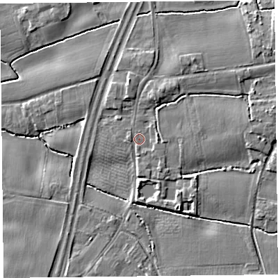 Shaded relief map of the ground around L396ST, computed from Environment Agency LiDAR. The ground here sits at about 20 m above sea level and falls 10 m across the surrounding 800 m. Surface water reaching this point runs off ground lying to the east-north-east, 5.2 m higher.