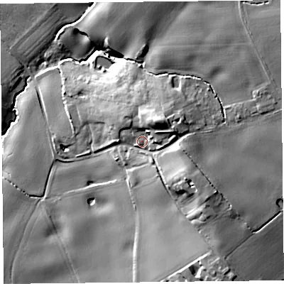 Shaded relief map of the ground around L397HG, computed from Environment Agency LiDAR. The ground here sits at about 43 m above sea level and falls 32 m across the surrounding 800 m. Surface water reaching this point runs off ground lying to the south-east, 12.0 m higher.