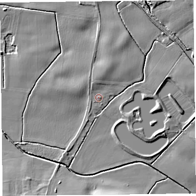 Shaded relief map of the ground around L397HT, computed from Environment Agency LiDAR. The ground here sits at about 12 m above sea level and falls 12 m across the surrounding 800 m. Surface water reaching this point runs off ground lying to the north-north-east, 2.8 m higher.