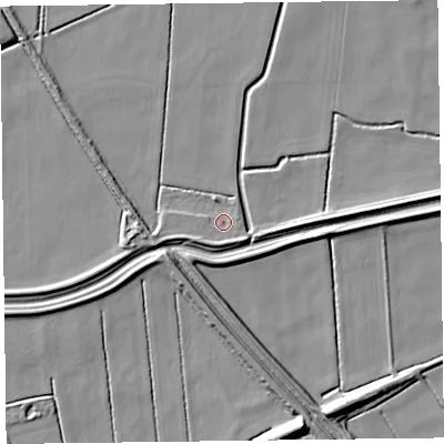 Shaded relief map of the ground around L397JT, computed from Environment Agency LiDAR. The ground here sits at about 3 m above sea level and falls 10 m across the surrounding 800 m. Surface water reaching this point runs off ground lying to the south-west, 3.3 m higher.