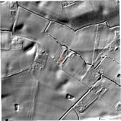 Shaded relief map of the ground around L398RL, computed from Environment Agency LiDAR. The ground here sits at about 21 m above sea level and falls 14 m across the surrounding 800 m. Surface water reaching this point runs off ground lying to the south-east, 2.9 m higher.