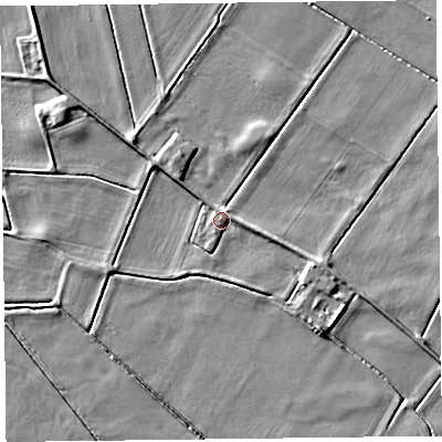 Shaded relief map of the ground around L398RY, computed from Environment Agency LiDAR. The ground here sits at about 4 m above sea level and falls 4 m across the surrounding 800 m. Surface water reaching this point runs off ground lying to the east, 1.5 m higher.