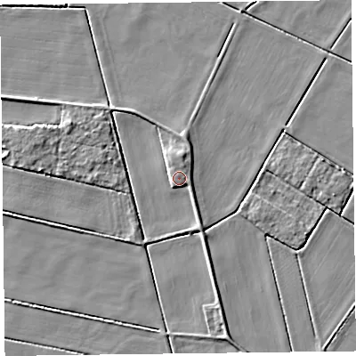 Shaded relief map of the ground around L398RZ, computed from Environment Agency LiDAR. The ground here sits at about 5 m above sea level and falls 5 m across the surrounding 800 m. Surface water reaching this point runs off ground lying to the north, 3.0 m higher.