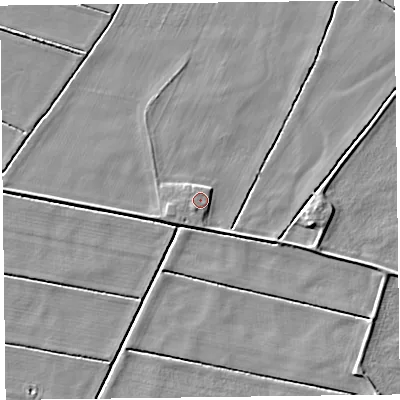 Shaded relief map of the ground around L398SU, computed from Environment Agency LiDAR. The ground here sits at about 3 m above sea level and falls 4 m across the surrounding 800 m. Surface water reaching this point runs off ground lying to the north, 1.4 m higher.
