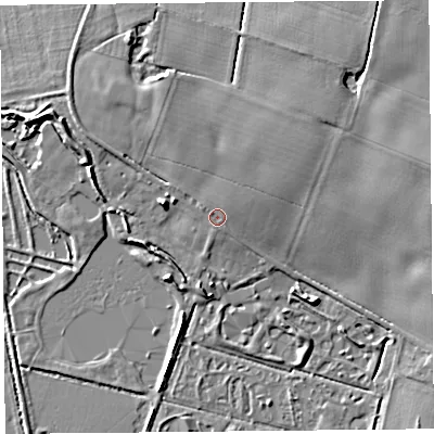 Shaded relief map of the ground around L400RL, computed from Environment Agency LiDAR. The ground here sits at about 5 m above sea level and falls 6 m across the surrounding 800 m. Surface water reaching this point runs off ground lying to the north-east, 1.2 m higher.