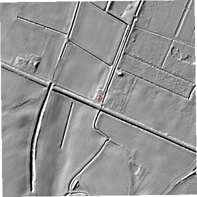Shaded relief map of the ground around L400RU, computed from Environment Agency LiDAR. The ground here sits at about 4 m above sea level and falls 9 m across the surrounding 800 m. Surface water reaching this point runs off ground lying to the south-south-east, 1.5 m higher.