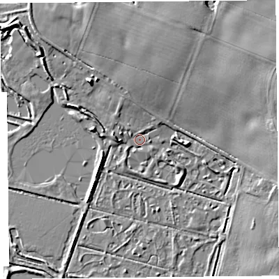 Shaded relief map of the ground around L400TA, computed from Environment Agency LiDAR. The ground here sits at about 3 m above sea level and falls 6 m across the surrounding 800 m. Surface water reaching this point runs off ground lying to the north, 2.8 m higher.