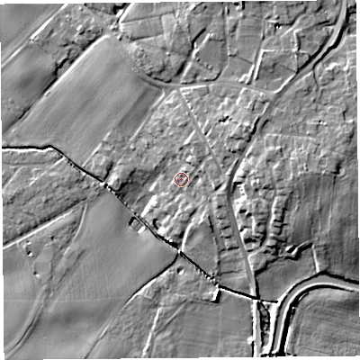 Shaded relief map of the ground around L401AA, computed from Environment Agency LiDAR. The ground here sits at about 8 m above sea level and falls 13 m across the surrounding 800 m. Surface water reaching this point runs off ground lying to the north-east, 6.3 m higher.
