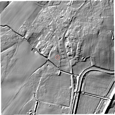 Shaded relief map of the ground around L401AE, computed from Environment Agency LiDAR. The ground here sits at about 7 m above sea level and falls 13 m across the surrounding 800 m. Surface water reaching this point runs off ground lying to the north-north-east, 2.2 m higher.