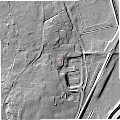 Shaded relief map of the ground around L401BJ, computed from Environment Agency LiDAR. The ground here sits at about 9 m above sea level and falls 13 m across the surrounding 800 m. Surface water reaching this point runs off ground lying to the west-south-west, 3.5 m higher.