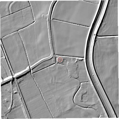 Shaded relief map of the ground around L401RB, computed from Environment Agency LiDAR. The ground here sits at about 5 m above sea level and falls 7 m across the surrounding 800 m. Surface water reaching this point runs off ground lying to the west-north-west, 2.2 m higher.
