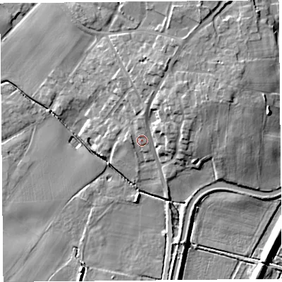 Shaded relief map of the ground around L401SA, computed from Environment Agency LiDAR. The ground here sits at about 9 m above sea level and falls 13 m across the surrounding 800 m. Surface water reaching this point runs off ground lying to the north, 2.6 m higher.