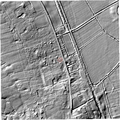 Shaded relief map of the ground around L401SD, computed from Environment Agency LiDAR. The ground here sits at about 6 m above sea level and falls 13 m across the surrounding 800 m. Surface water reaching this point runs off ground lying to the south-south-west, 9.8 m higher.
