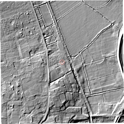 Shaded relief map of the ground around L401SG, computed from Environment Agency LiDAR. The ground here sits at about 6 m above sea level and falls 13 m across the surrounding 800 m. Surface water reaching this point runs off ground lying to the south-west, 5.3 m higher.