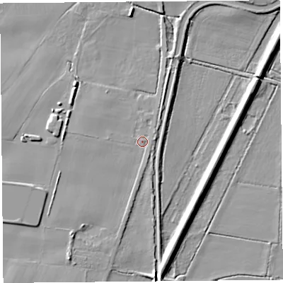 Shaded relief map of the ground around L401SL, computed from Environment Agency LiDAR. The ground here sits at about 6 m above sea level and falls 9 m across the surrounding 800 m. Surface water reaching this point runs off ground lying to the south-south-west, 5.2 m higher.