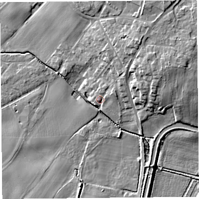 Shaded relief map of the ground around L401SP, computed from Environment Agency LiDAR. The ground here sits at about 7 m above sea level and falls 13 m across the surrounding 800 m. Surface water reaching this point runs off ground lying to the north-east, 4.9 m higher.