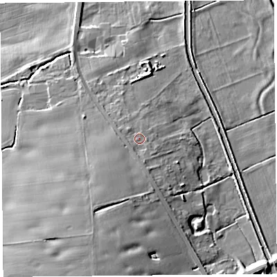Shaded relief map of the ground around L401SQ, computed from Environment Agency LiDAR. The ground here sits at about 9 m above sea level and falls 12 m across the surrounding 800 m. Surface water reaching this point runs off ground lying to the south-west, 1.2 m higher.