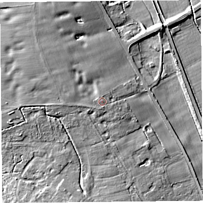 Shaded relief map of the ground around L401ST, computed from Environment Agency LiDAR. The ground here sits at about 11 m above sea level and falls 12 m across the surrounding 800 m. Surface water reaching this point runs off ground lying to the west-south-west, 1.7 m higher.