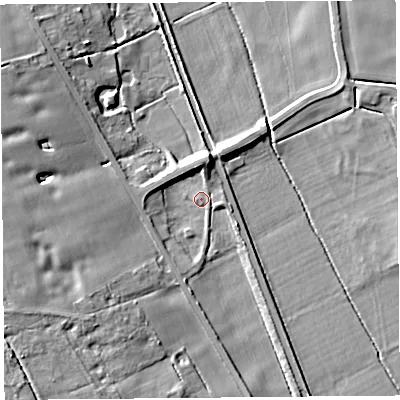 Shaded relief map of the ground around L401SU, computed from Environment Agency LiDAR. The ground here sits at about 4 m above sea level and falls 11 m across the surrounding 800 m. Surface water reaching this point runs off ground lying to the north, 5.5 m higher.