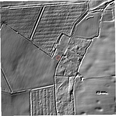 Shaded relief map of the ground around L401SX, computed from Environment Agency LiDAR. The ground here sits at about 6 m above sea level and falls 11 m across the surrounding 800 m. Surface water reaching this point runs off ground lying to the south-east, 8.6 m higher.