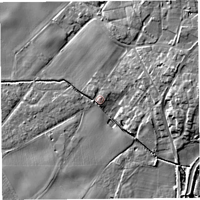Shaded relief map of the ground around L401SY, computed from Environment Agency LiDAR. The ground here sits at about 7 m above sea level and falls 12 m across the surrounding 800 m. Surface water reaching this point runs off ground lying to the east-north-east, 10.9 m higher.