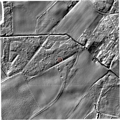 Shaded relief map of the ground around L401SZ, computed from Environment Agency LiDAR. The ground here sits at about 5 m above sea level and falls 10 m across the surrounding 800 m. Surface water reaching this point runs off ground lying to the east-north-east, 9.4 m higher.