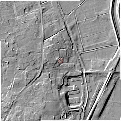 Shaded relief map of the ground around L401TA, computed from Environment Agency LiDAR. The ground here sits at about 9 m above sea level and falls 13 m across the surrounding 800 m. Surface water reaching this point runs off ground lying to the west-north-west, 4.7 m higher.